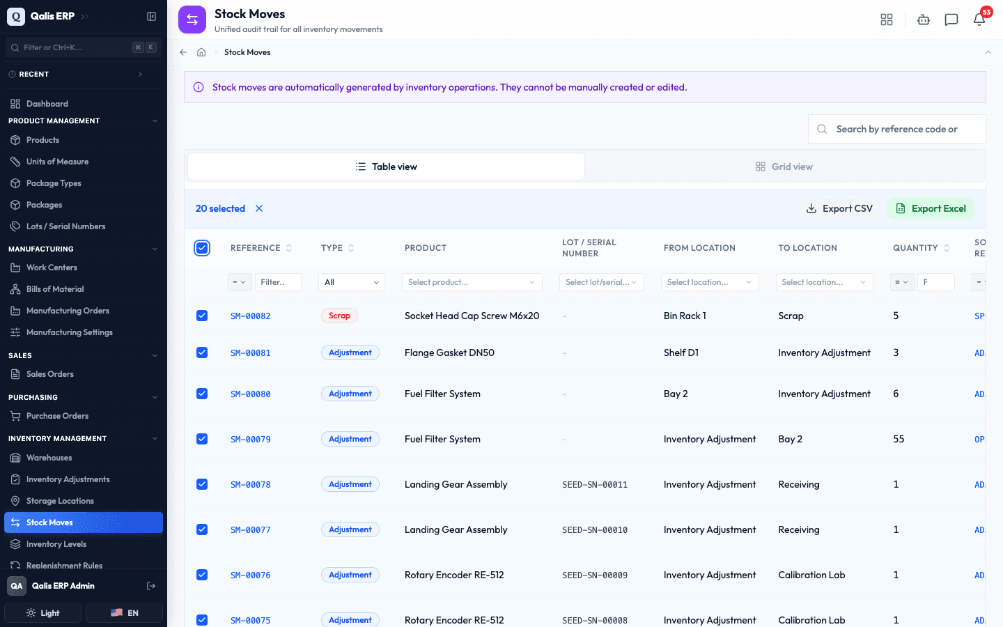 Selecting moves reveals the Export CSV and Export Excel buttons