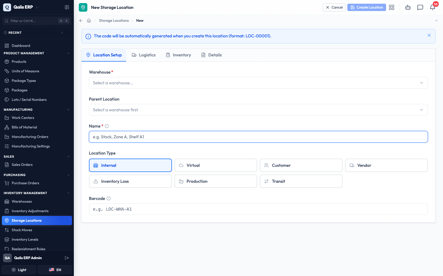 The new location form, open on the Location Setup tab