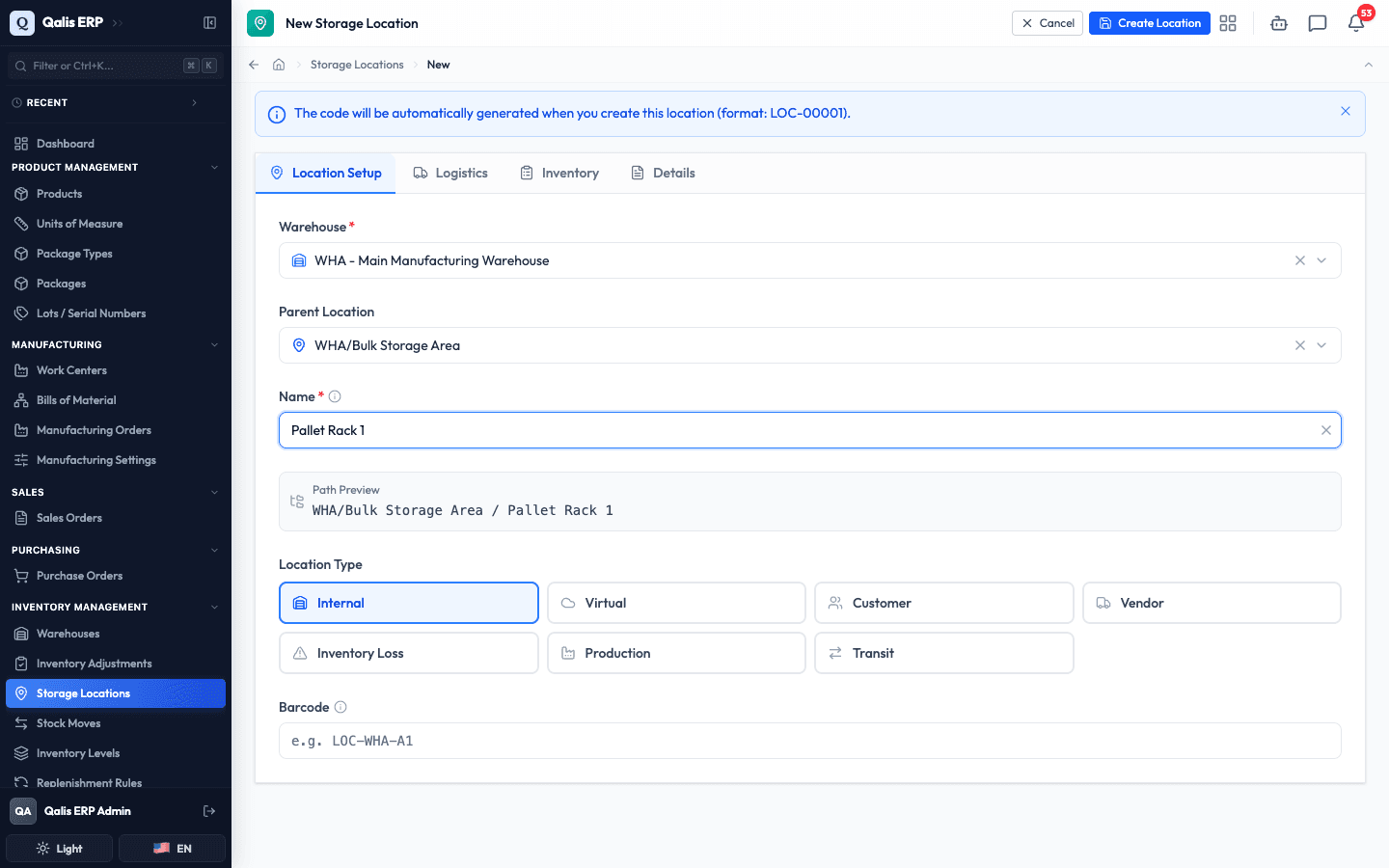 The Add Sub-location form, pre-filled with the parent location