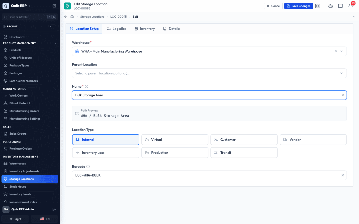 The edit form, pre-filled with the location's current details