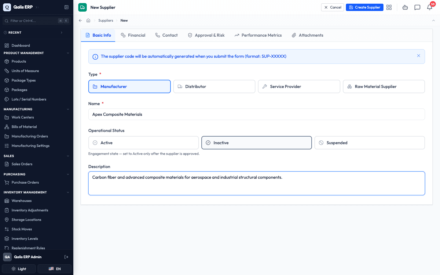 The Basic Info tab with type, name, operational status and a description filled in