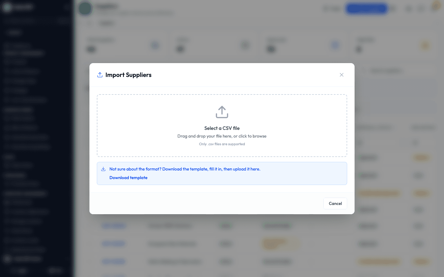 The import window with a drop area for a CSV file and a download template link