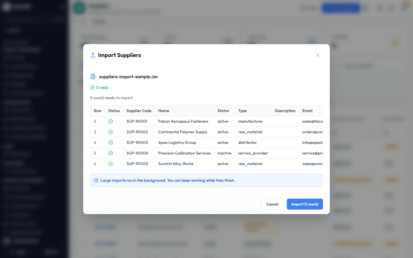 The import preview showing five valid rows ready to import