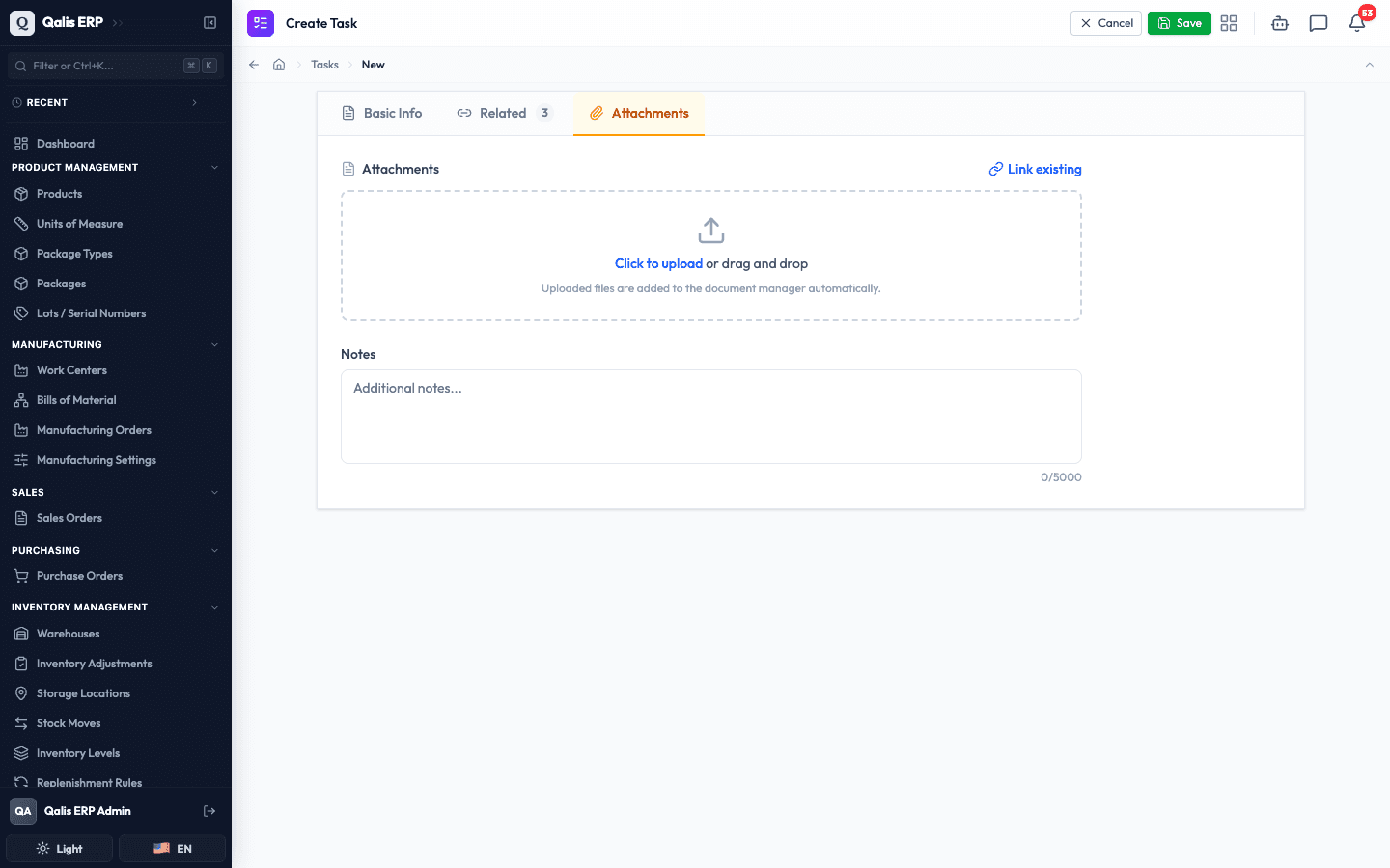 The Attachments tab with an upload area, a Link existing button, and a Notes field