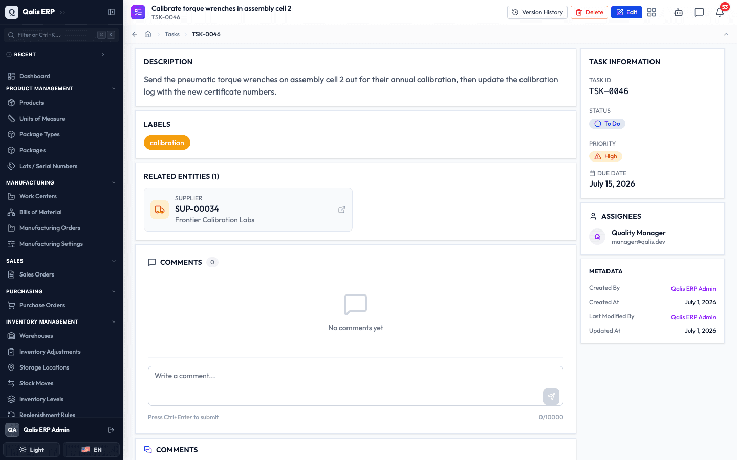 The new task saved, showing its description, label, linked supplier, and a sidebar with its status, priority, due date, and assignee