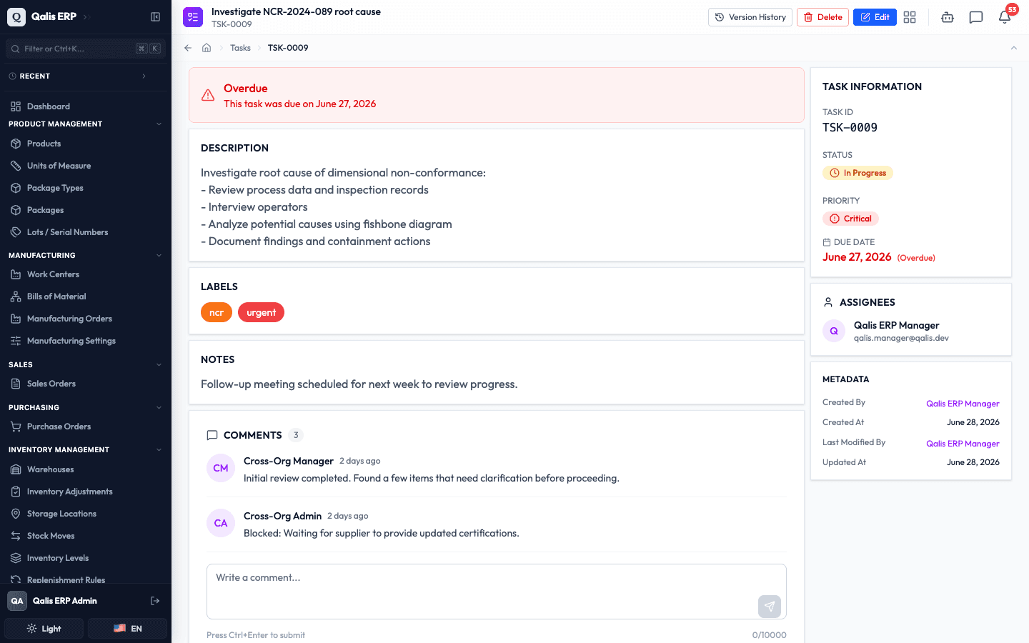 A task detail page with an Overdue banner, description, labels, and a sidebar showing status, priority, due date, and assignee