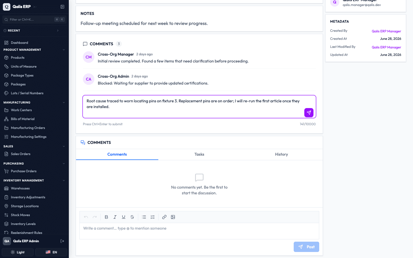 A comment typed into the box on a task, ready to post, below two earlier comments