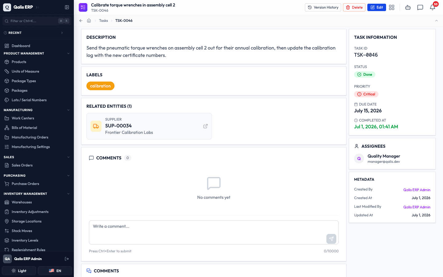 The task detail page after editing, with the priority now showing Critical