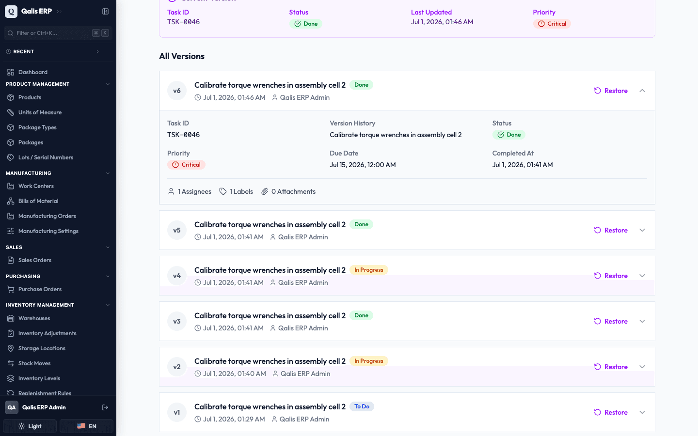 A version expanded to show its full details, with the list of every version below