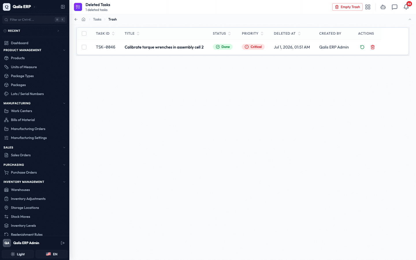 The Deleted Tasks page showing a task in the trash with restore and permanent-delete actions