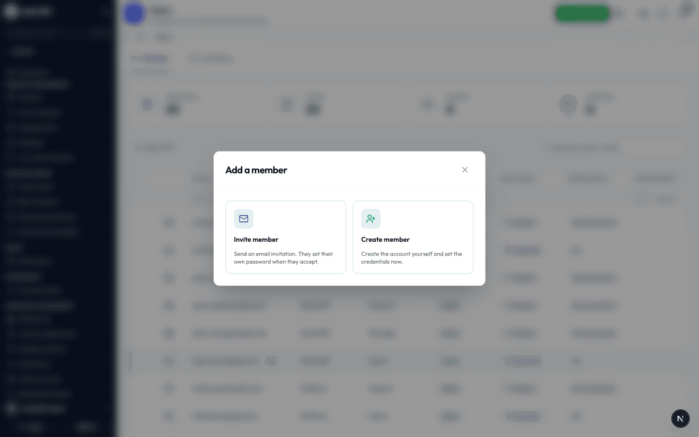 The Add a member window, offering Invite member or Create member
