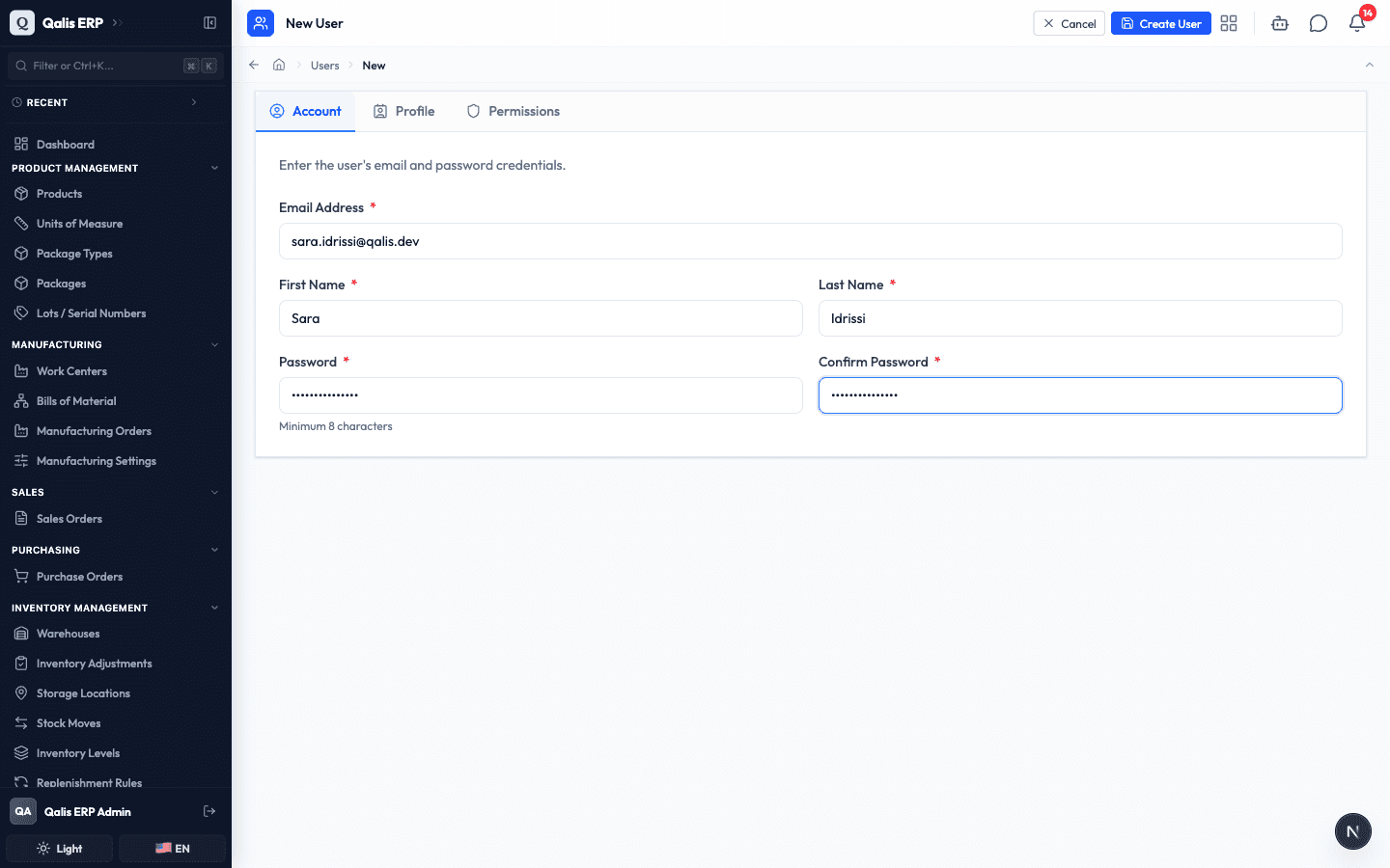 The Account tab of the new member form, filled in