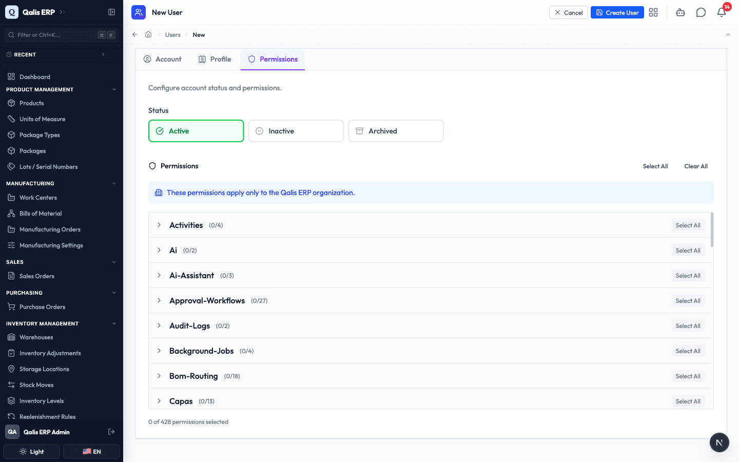 The Permissions tab, with permissions grouped by area and a Select All option per group