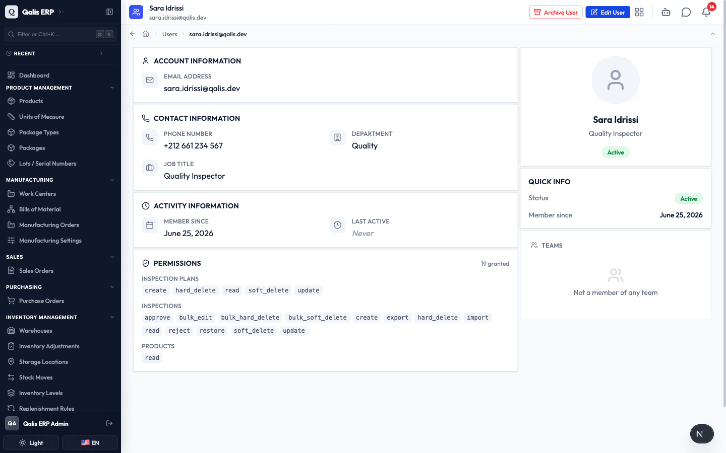 The new member's detail page, showing their granted permissions and teams
