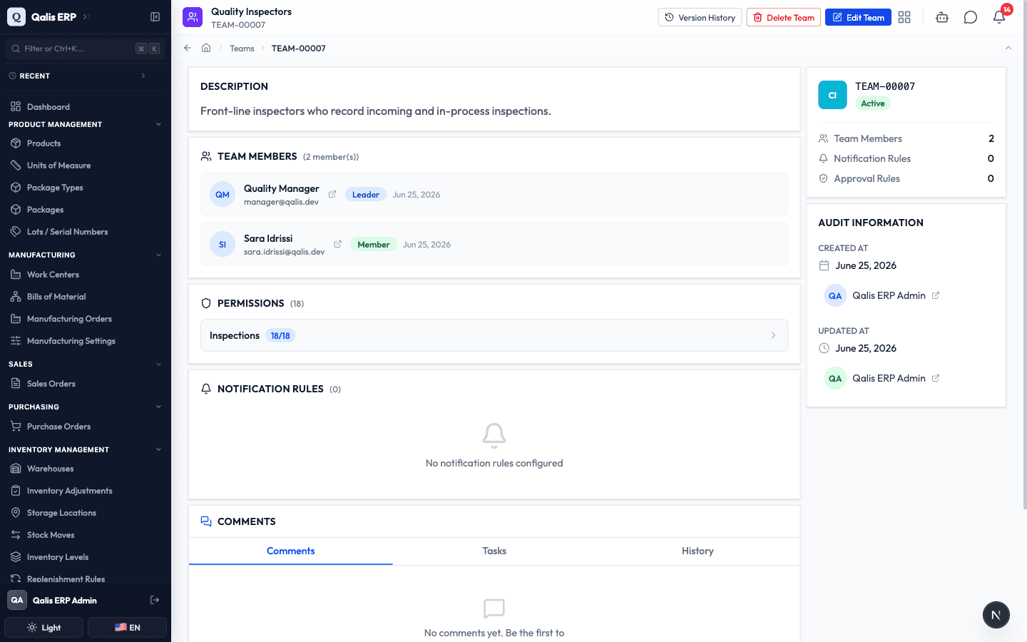 The saved team's detail page