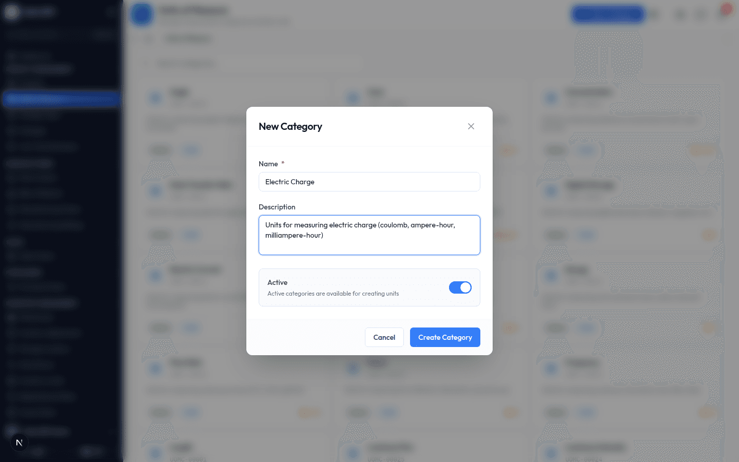 The New Category dialog with a name and description filled in