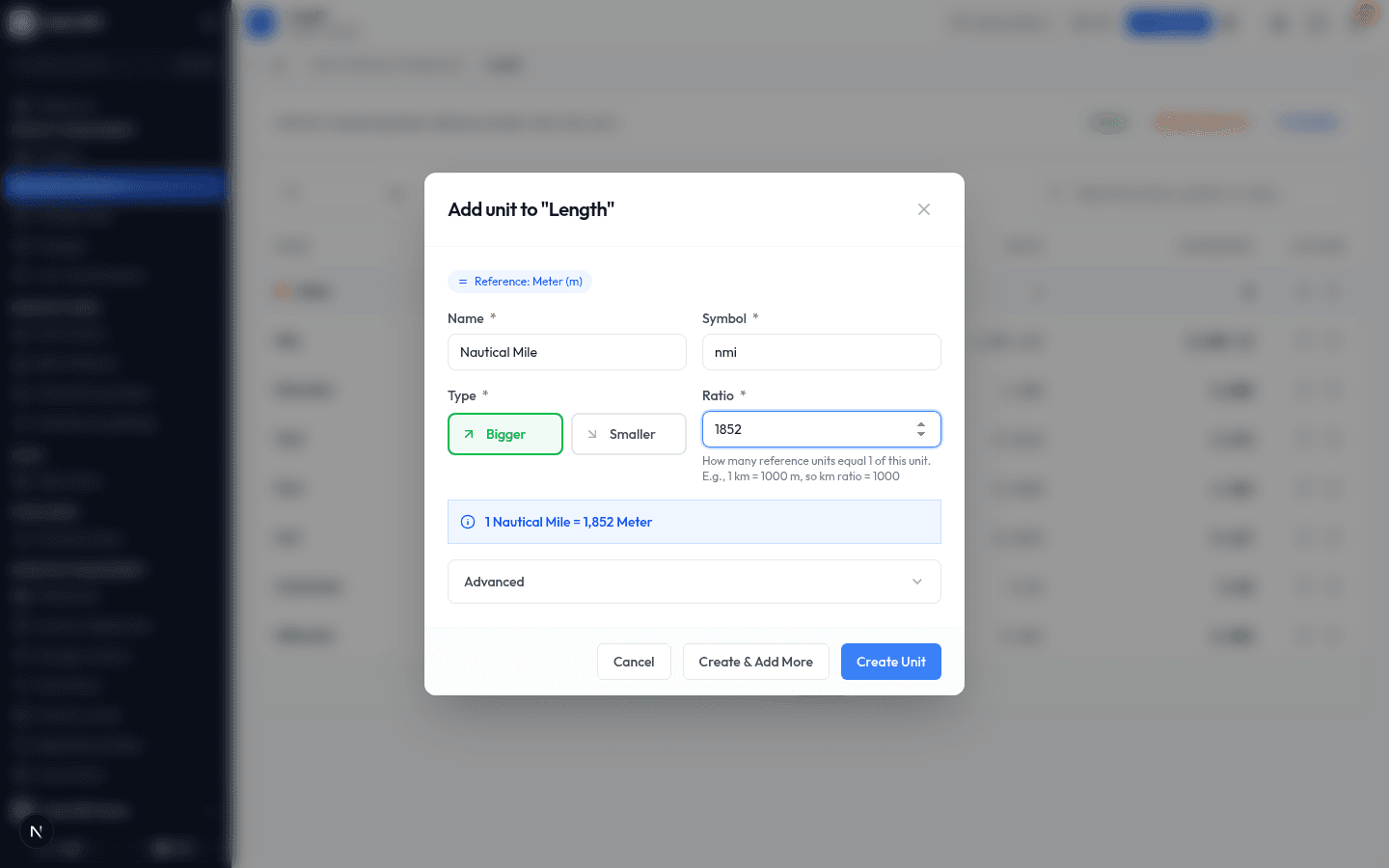 The Add Unit dialog filled in for a Nautical Mile with a ratio of 1852