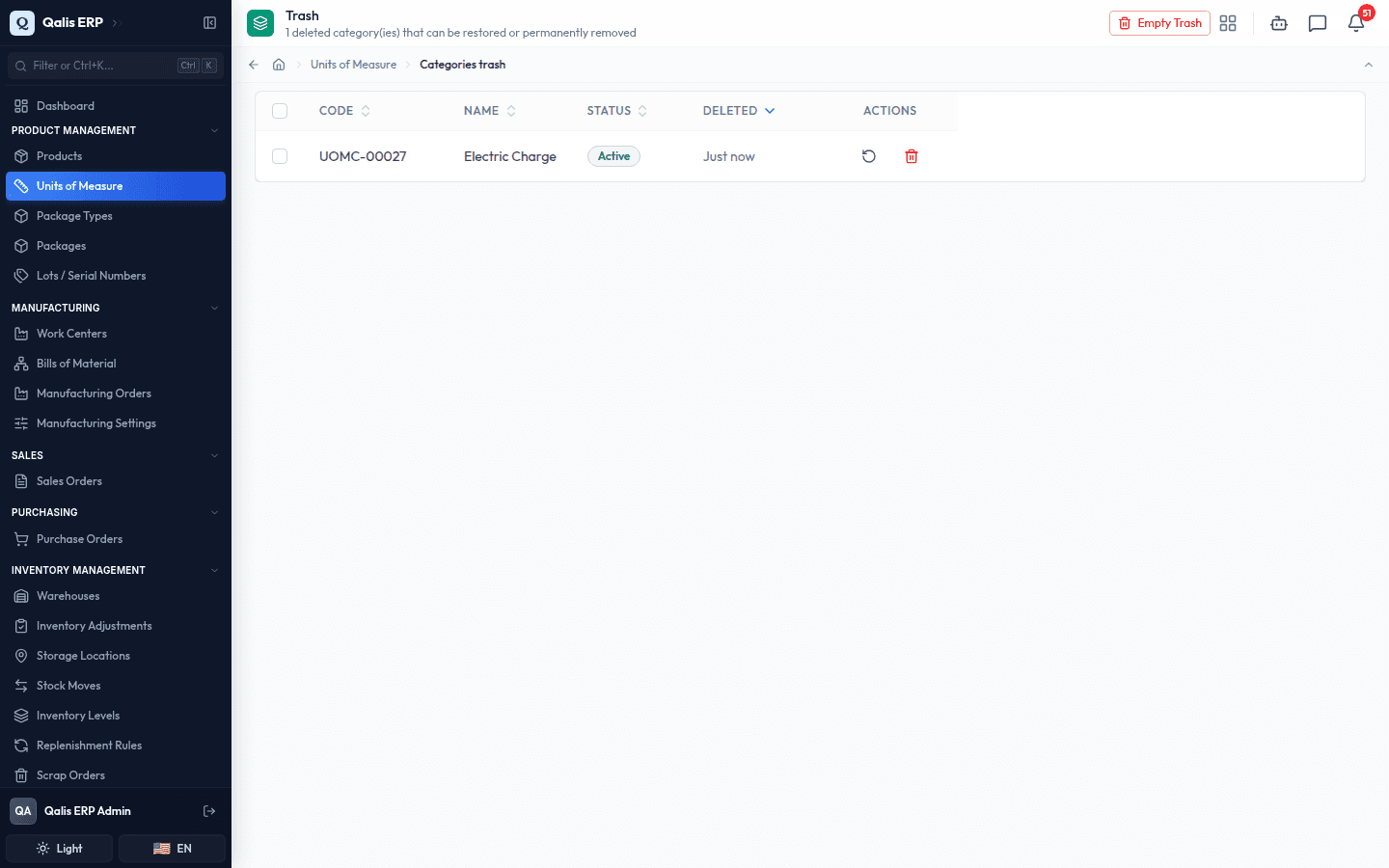 The categories trash showing a deleted category with restore and permanent delete actions