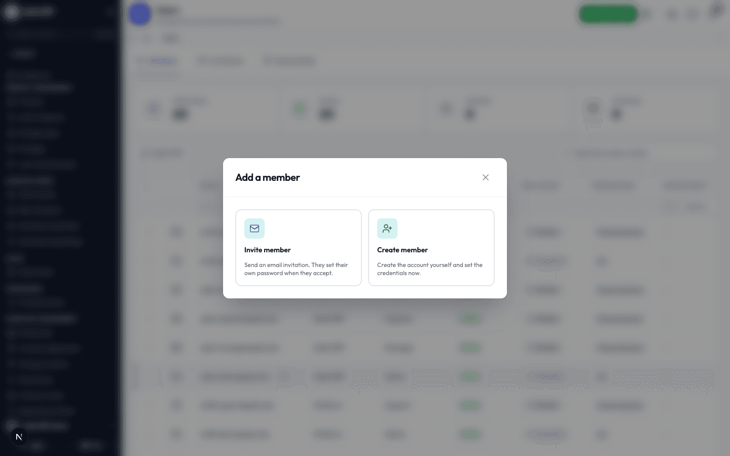 The Add a member window offering Invite member or Create member