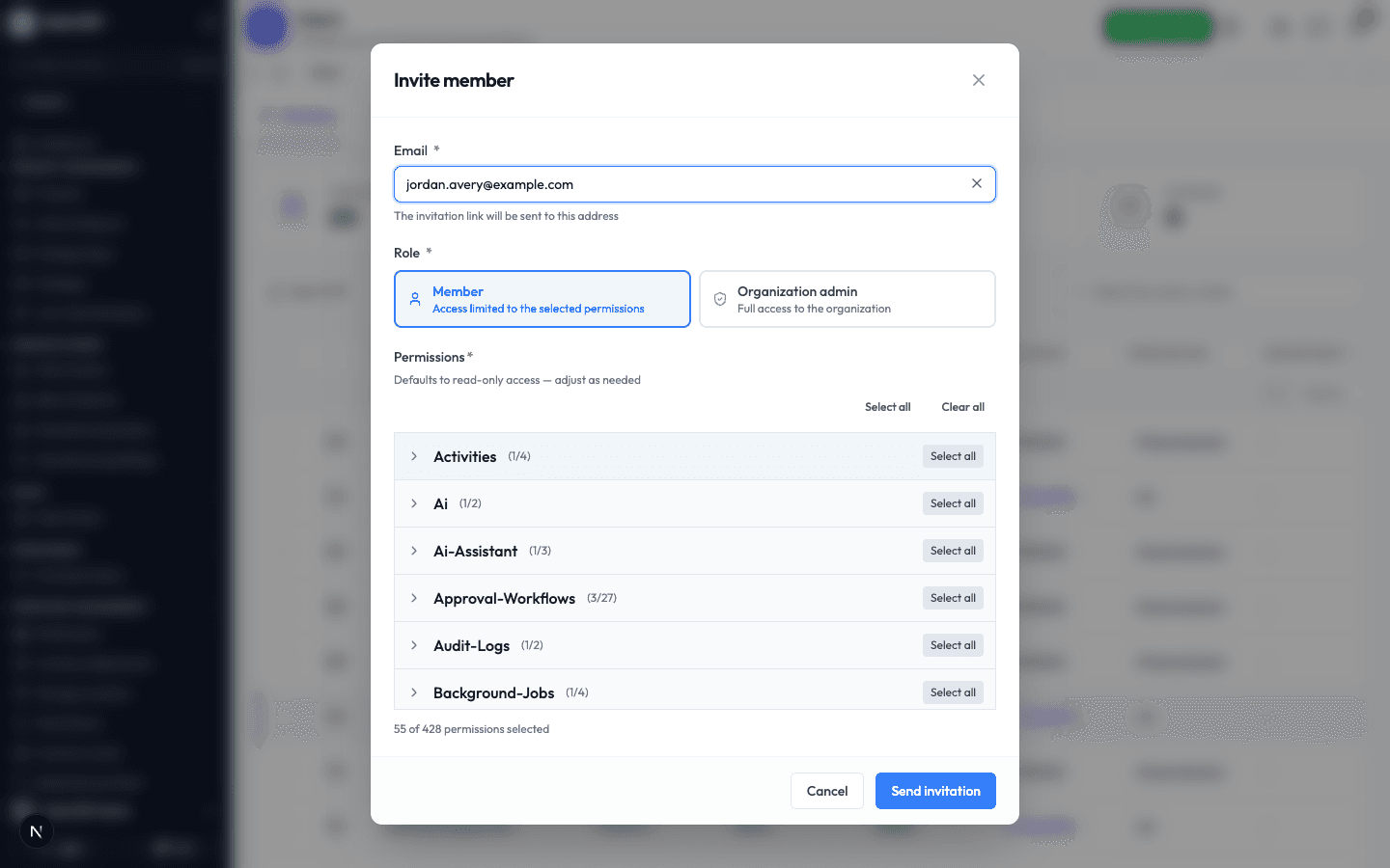 The Invite member window with an email filled in, the Member role selected, and the permission list below
