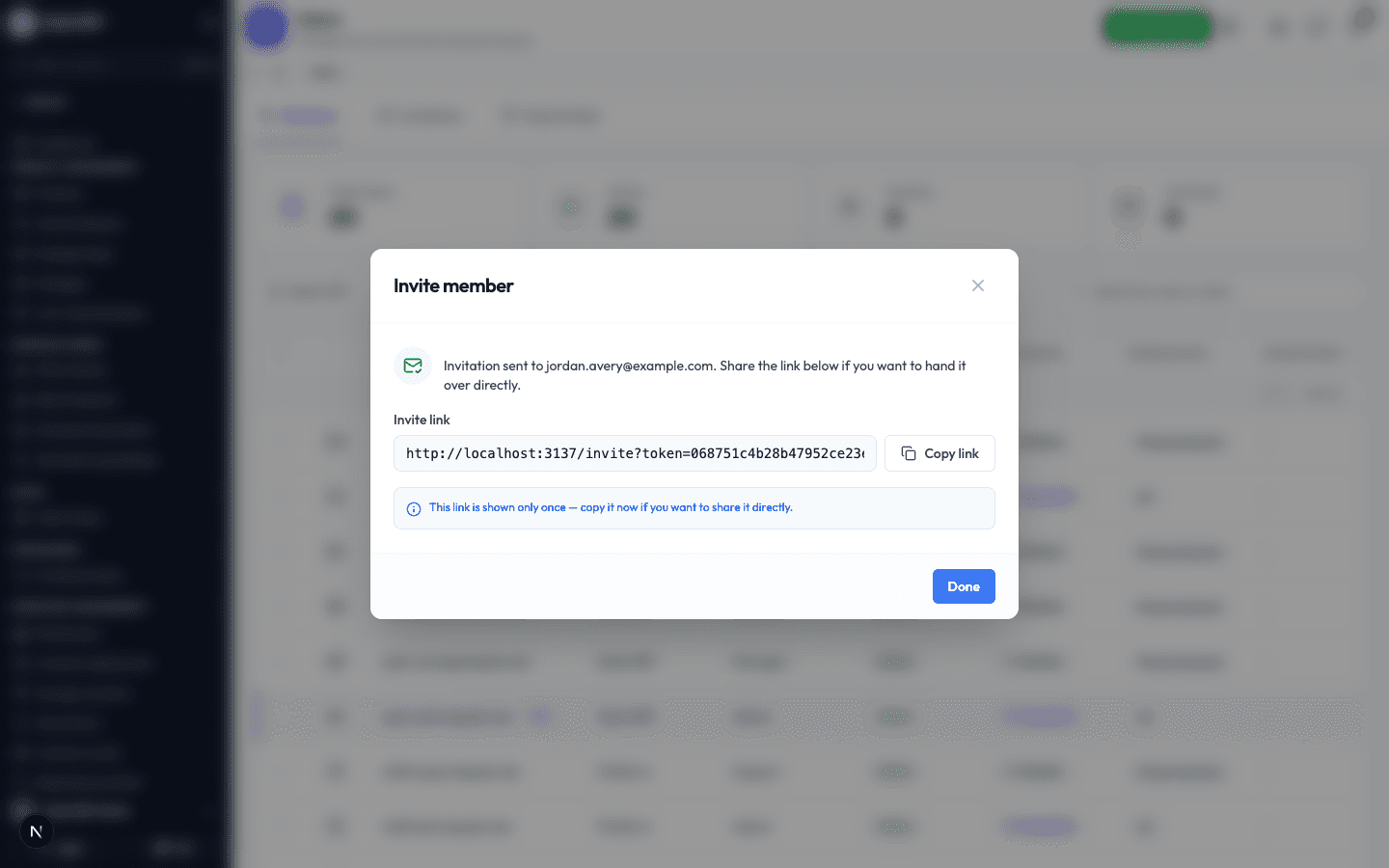 The confirmation showing the invitation was sent, with a copyable invite link