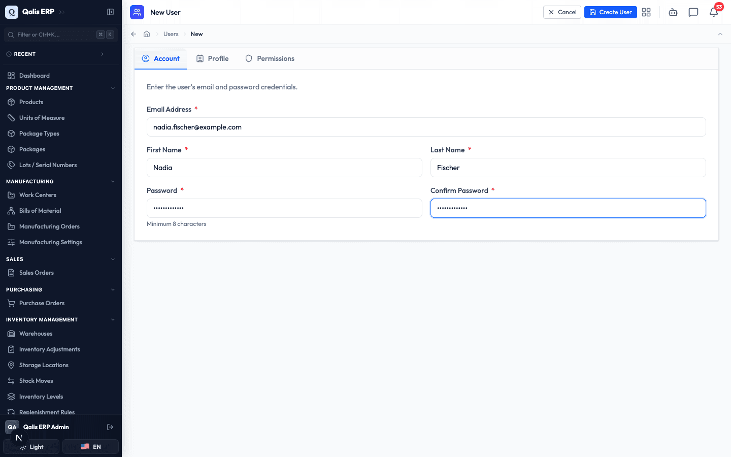 The Account tab with email, first and last name, and password filled in