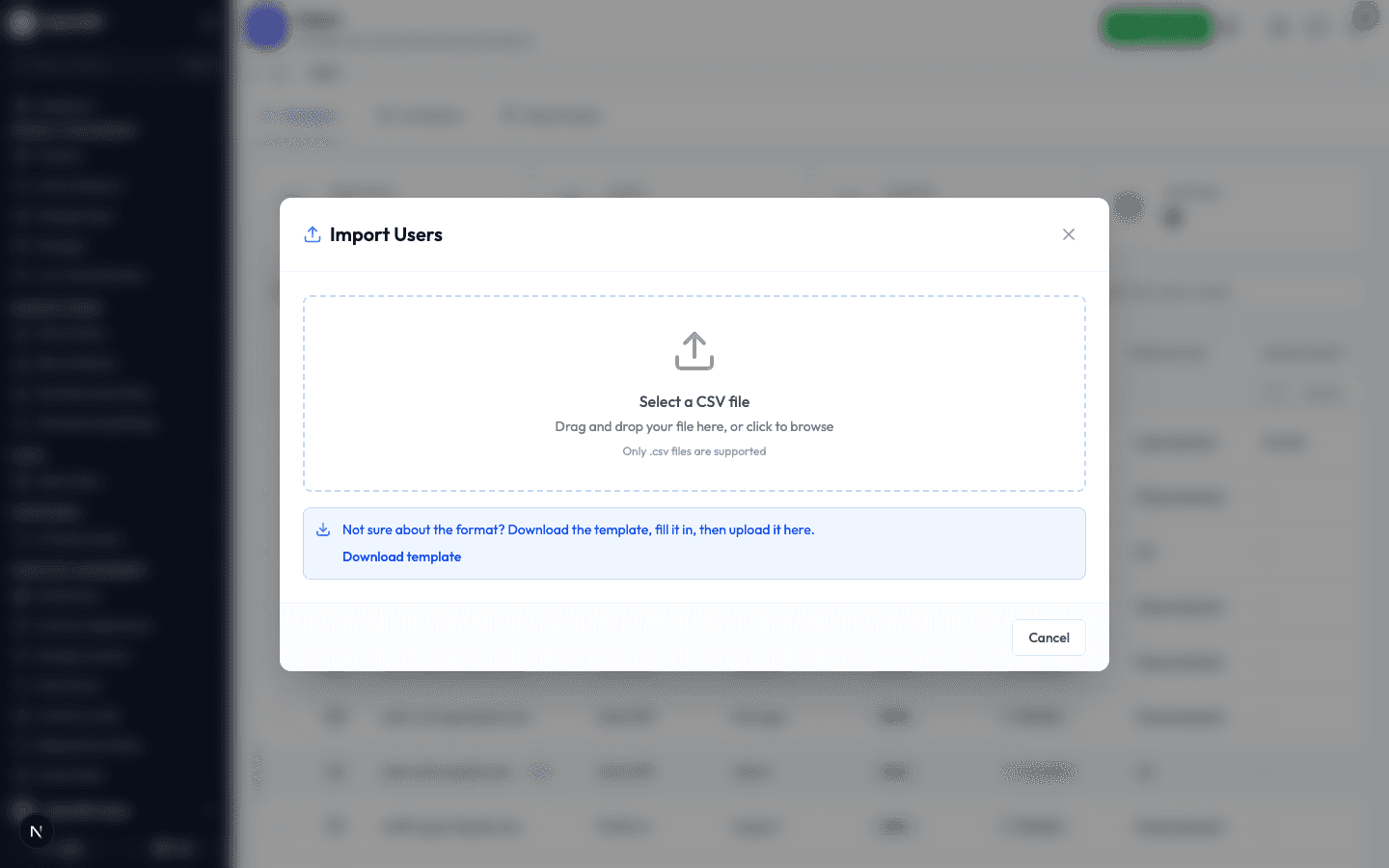The Import Users window with a drop area for a CSV file and a download template link