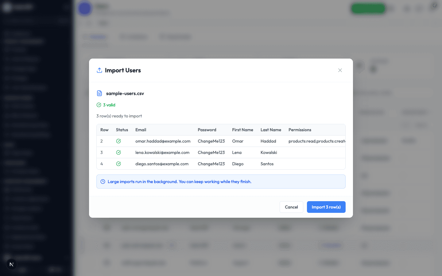 The import preview showing three valid rows ready to import