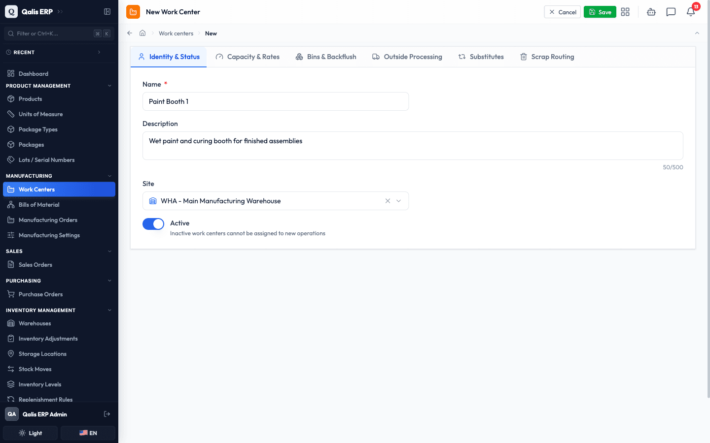 The Identity & Status tab with a name, description, and site filled in, and Active switched on