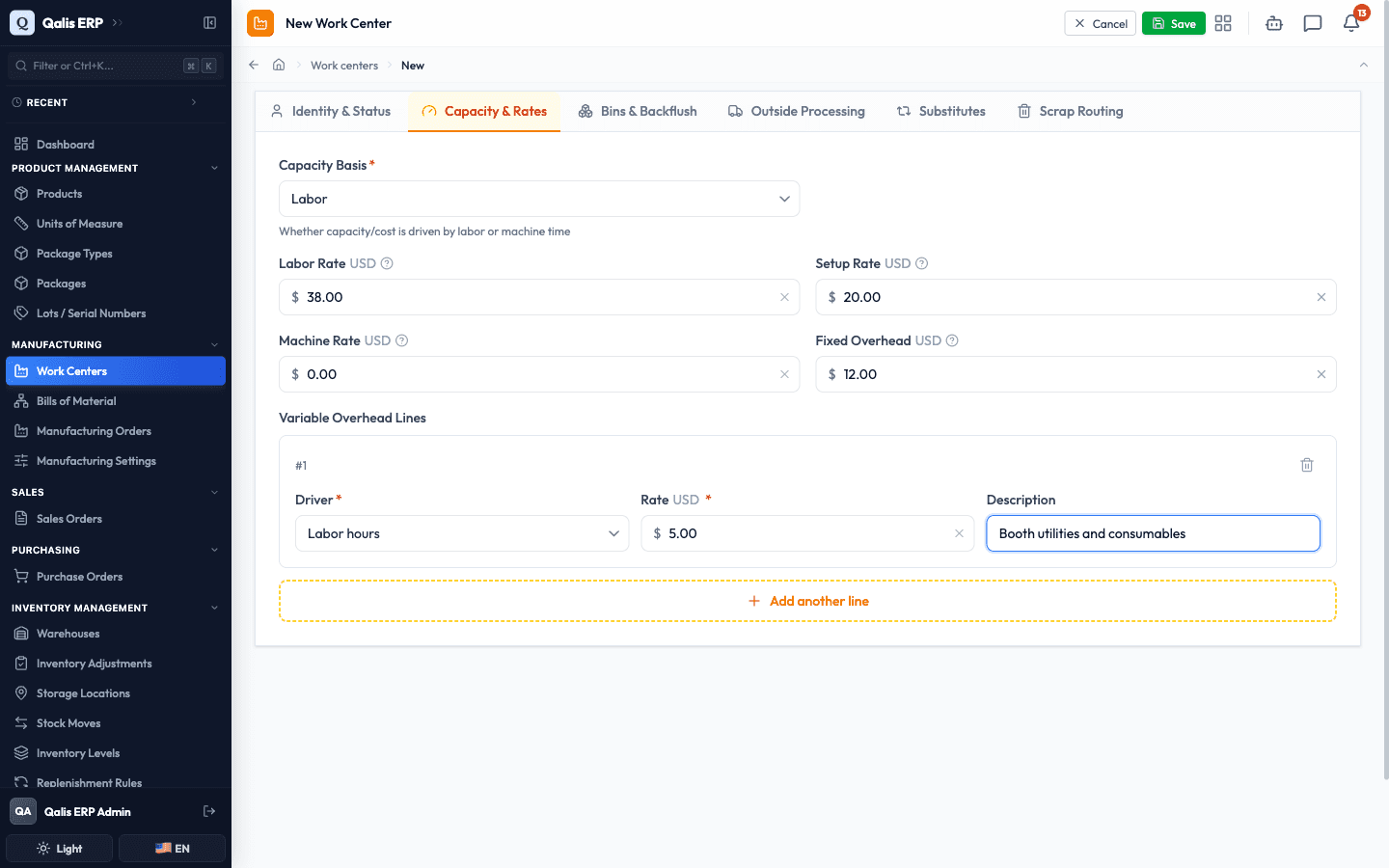 The Capacity & Rates tab with the rates filled in and one variable overhead line for labor hours