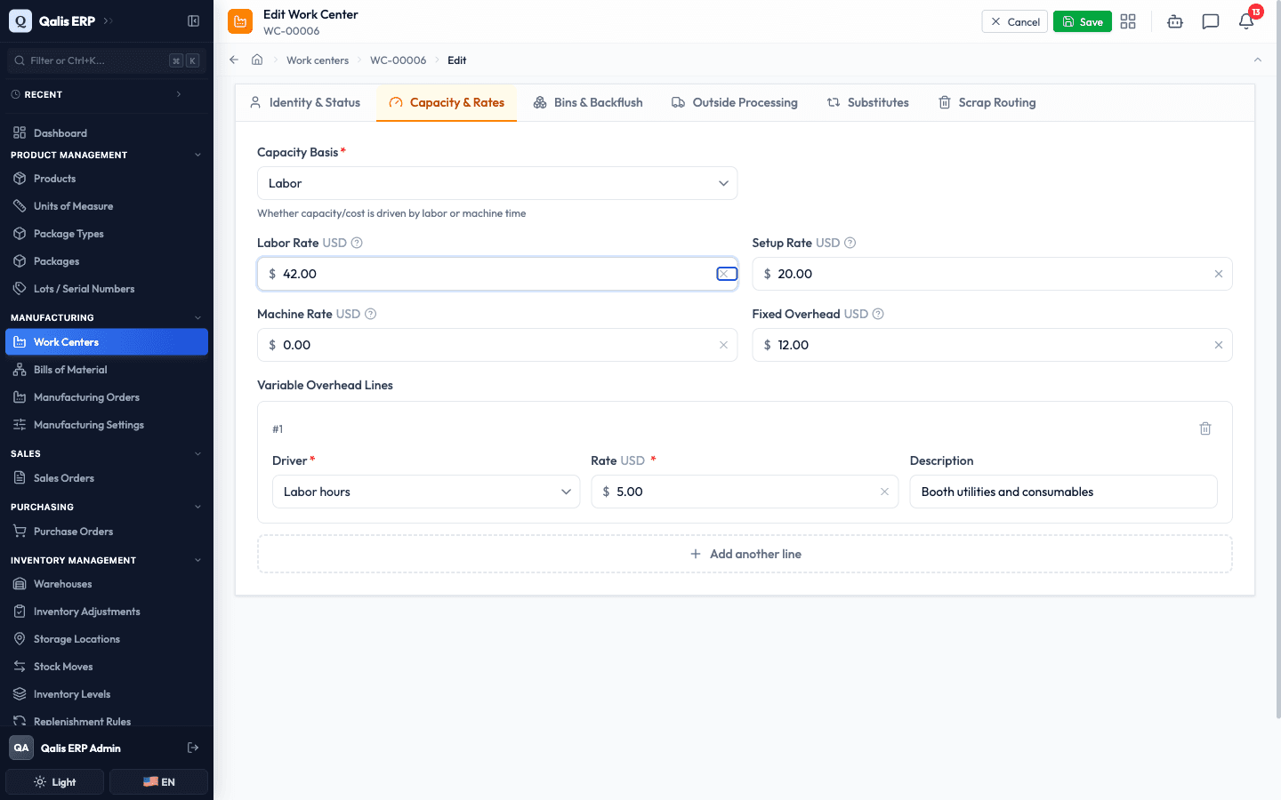 The edit form on the Capacity & Rates tab with the Labor Rate changed to 42.00
