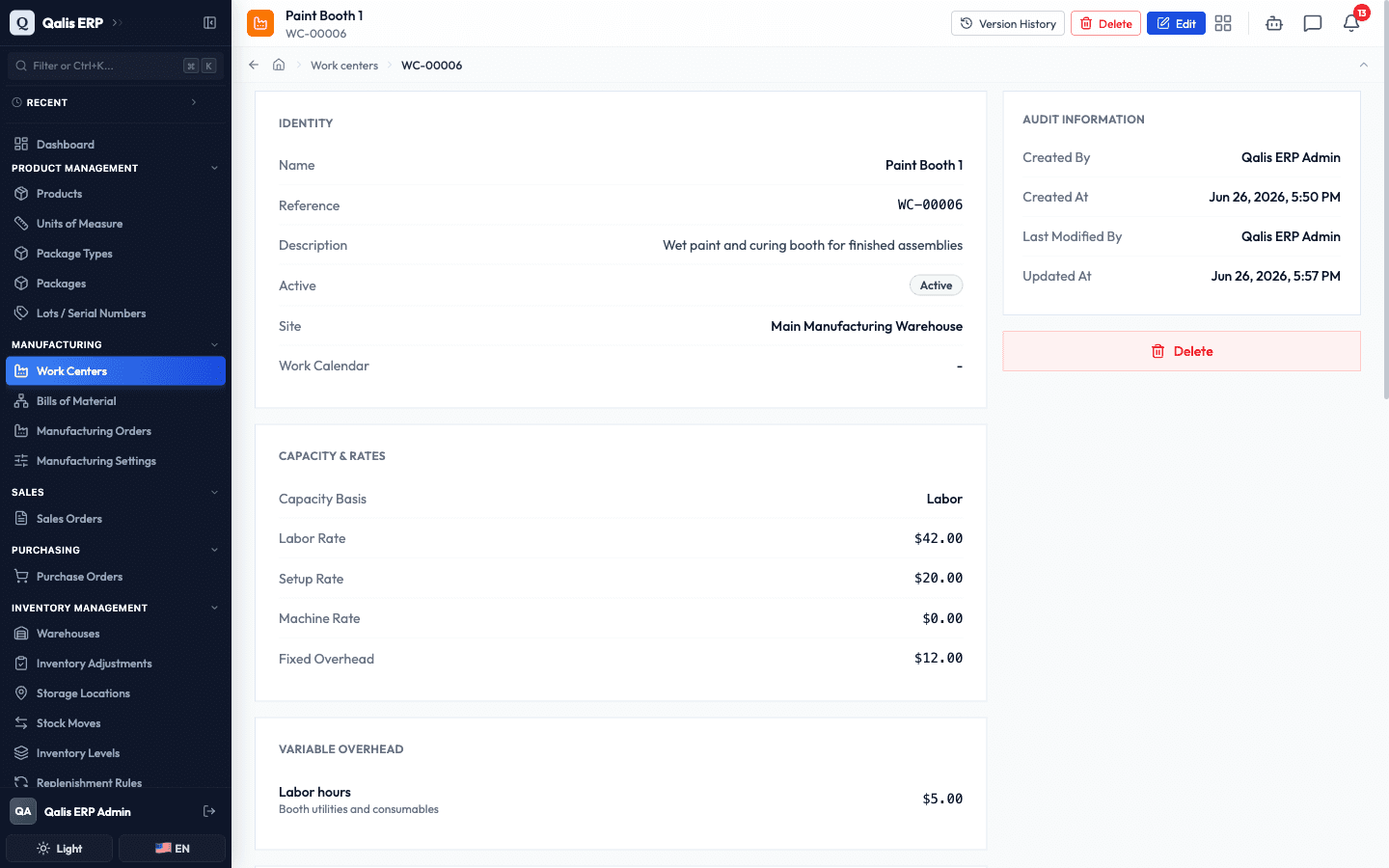 The detail page after editing, with the Labor Rate now showing 42.00 and a new Updated At time