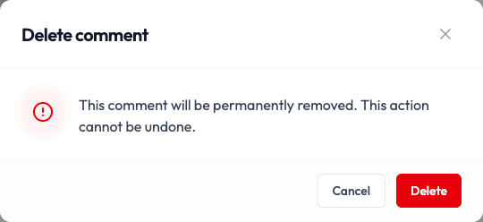 The Delete comment confirmation window with a warning and the Cancel and Delete buttons