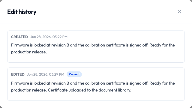 The Edit history window listing the original Created version and the latest Edited version marked Current