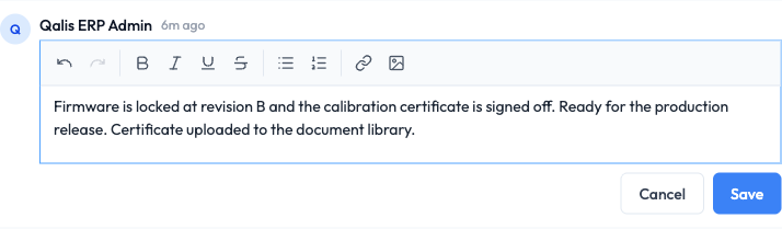 A comment open for editing, with the toolbar, the edited text, and the Cancel and Save buttons