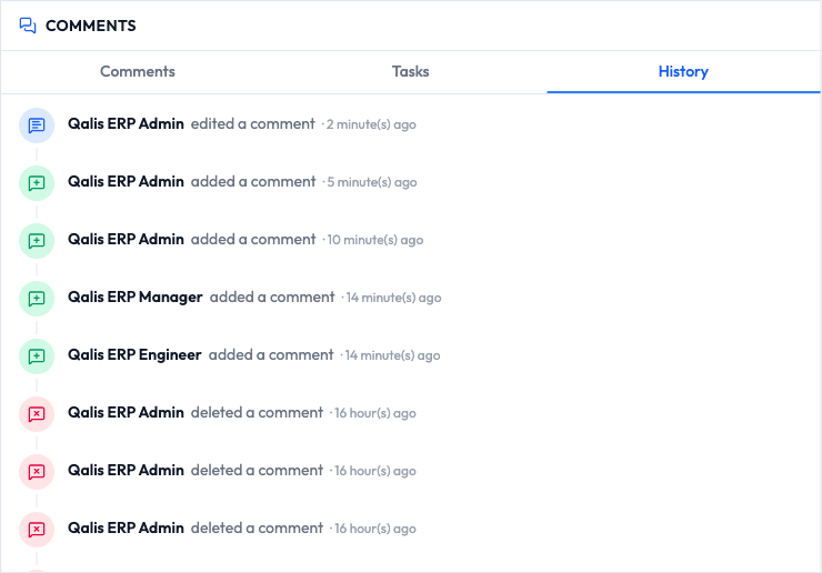 The History tab showing a timeline of who added, edited, and deleted comments, with times