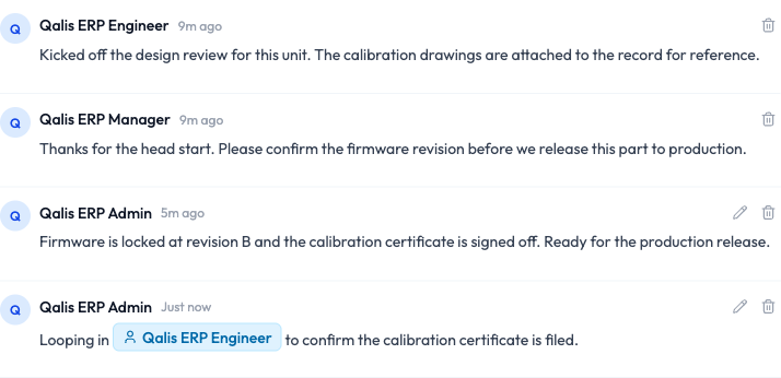 A posted comment containing the Qualis ERP Engineer chip, shown in the conversation