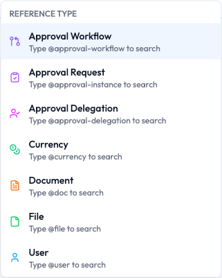 The reference type menu that appears after typing the at symbol, listing options like User, Document, and File