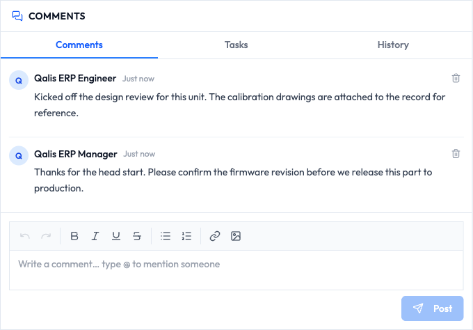 The Comments card showing the Comments and History tabs, two comments, and the writing box at the bottom