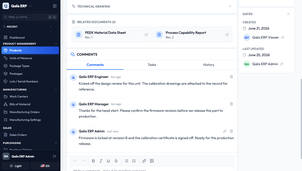 The conversation after posting, with the new comment from Qualis ERP Admin shown at the bottom
