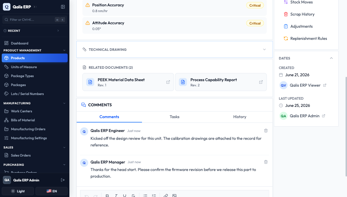A product detail page with the Comments card at the bottom, below the record's documents and details