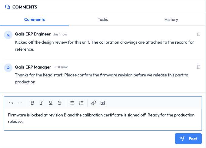 The writing box with a typed comment and the blue Post button ready