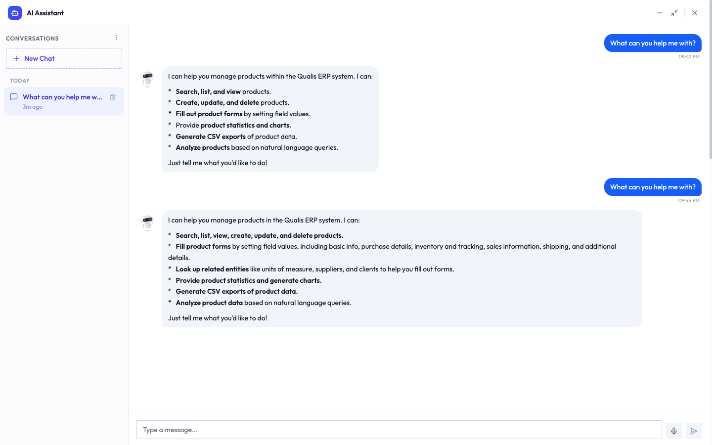 The assistant in full screen, with the conversation history list on the left and a chat open on the right