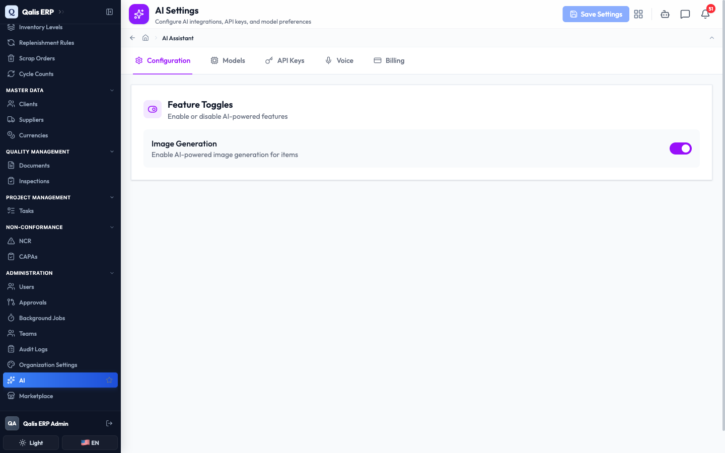 The AI Settings page open from the Administration group, showing the five tabs and the Configuration tab