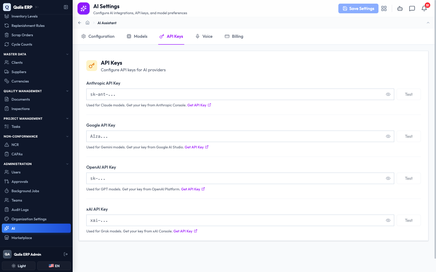 The API Keys tab with an empty box, a hint, and a Get API Key link for each of the four providers