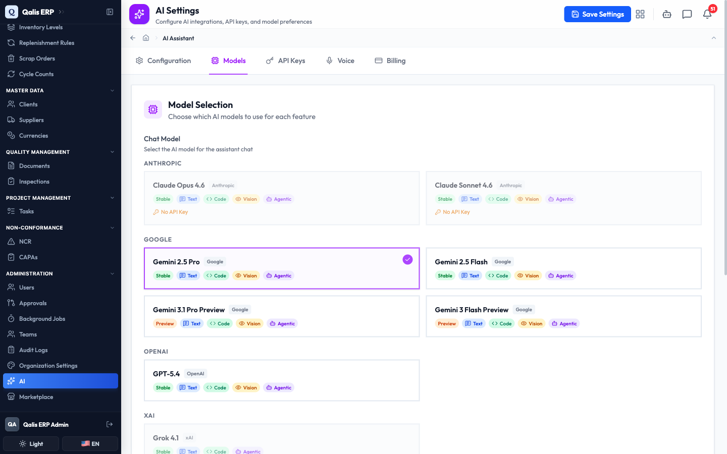The Chat Model section with models grouped by provider, Gemini 2.5 Pro selected, and the providers without a key greyed out