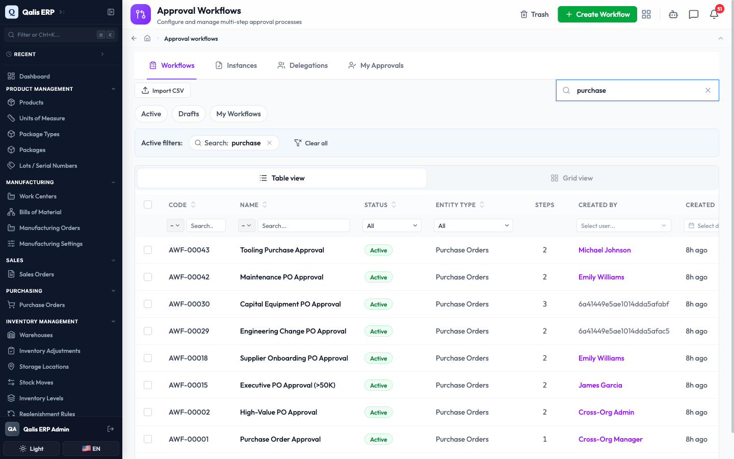 Searching for "purchase" narrows the list to purchase order workflows, with an active filters banner