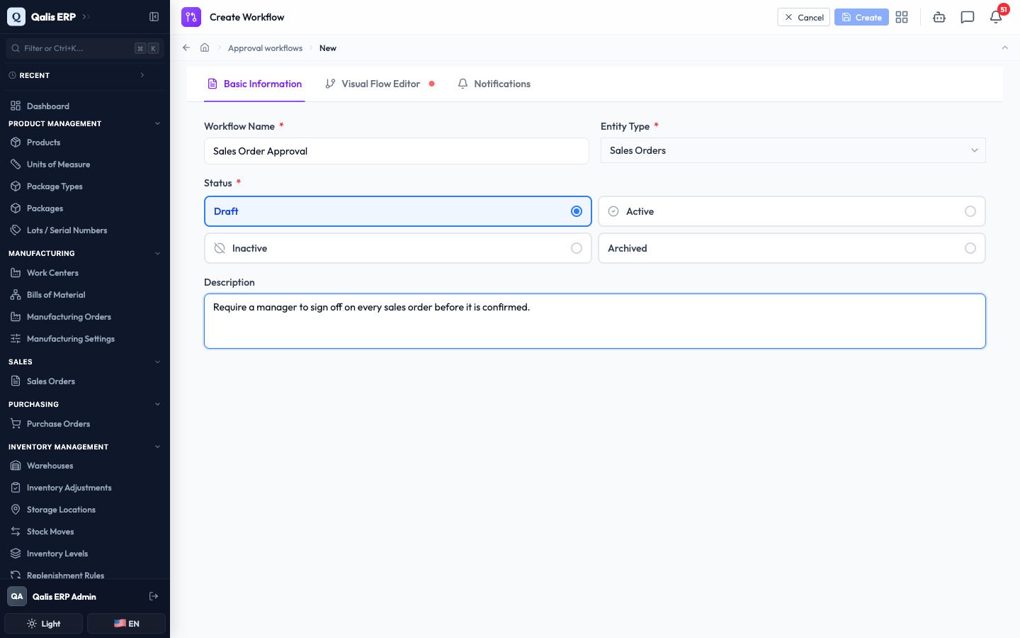The Basic Information tab with a name, entity type, draft status and description filled in