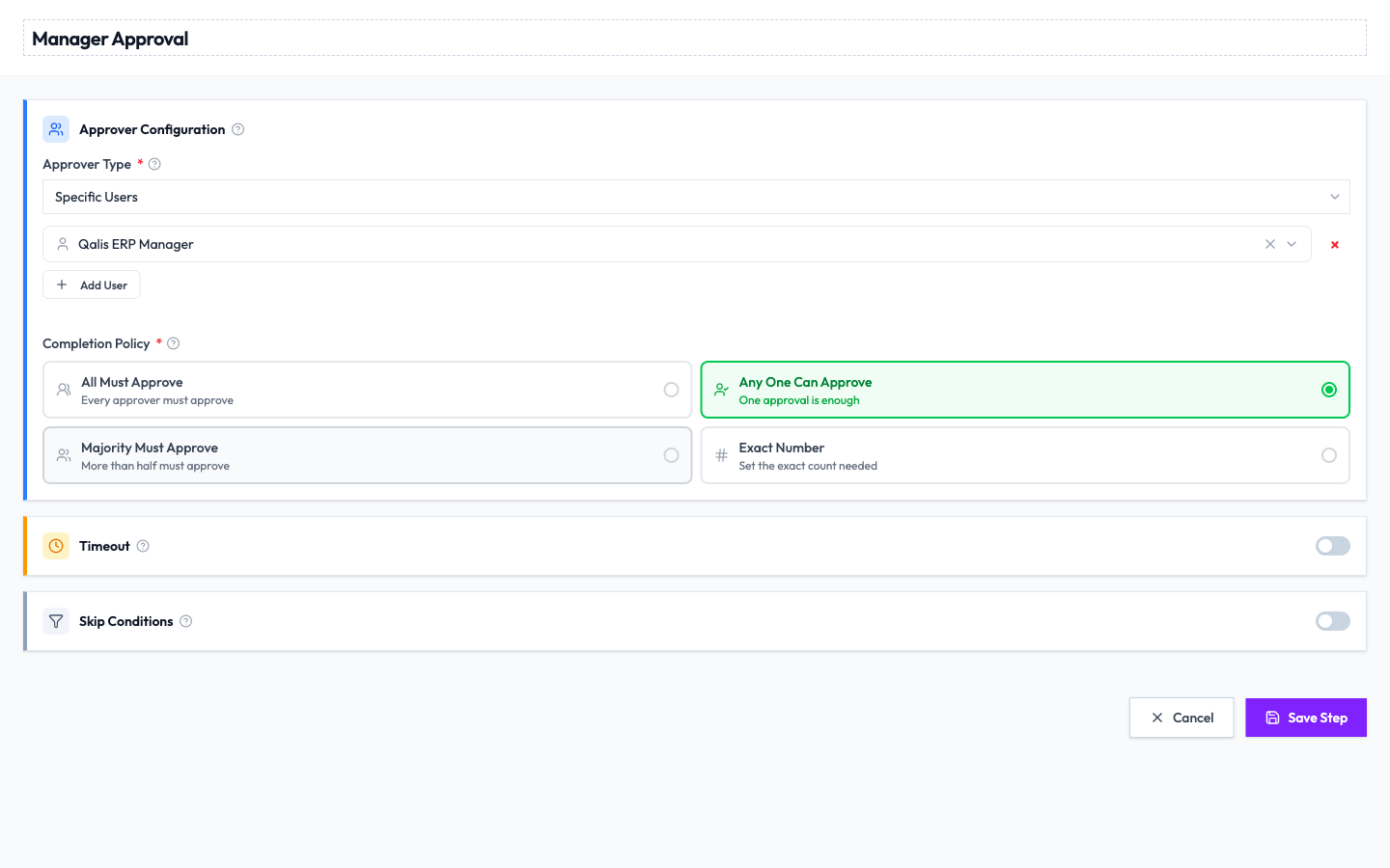 The step panel with an approver chosen and the "Any One Can Approve" completion policy selected