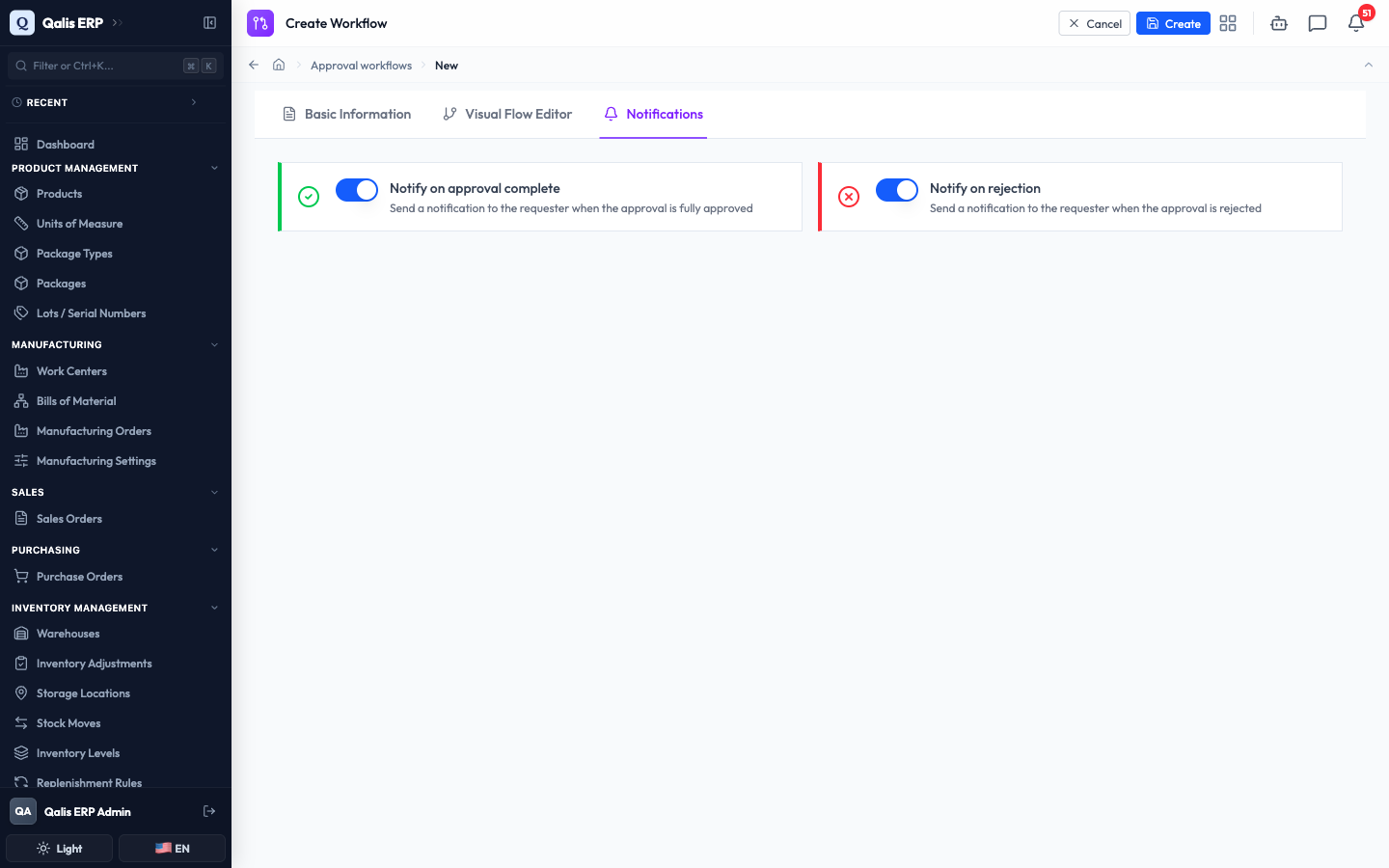 The Notifications tab with notify on approval complete and notify on rejection both switched on